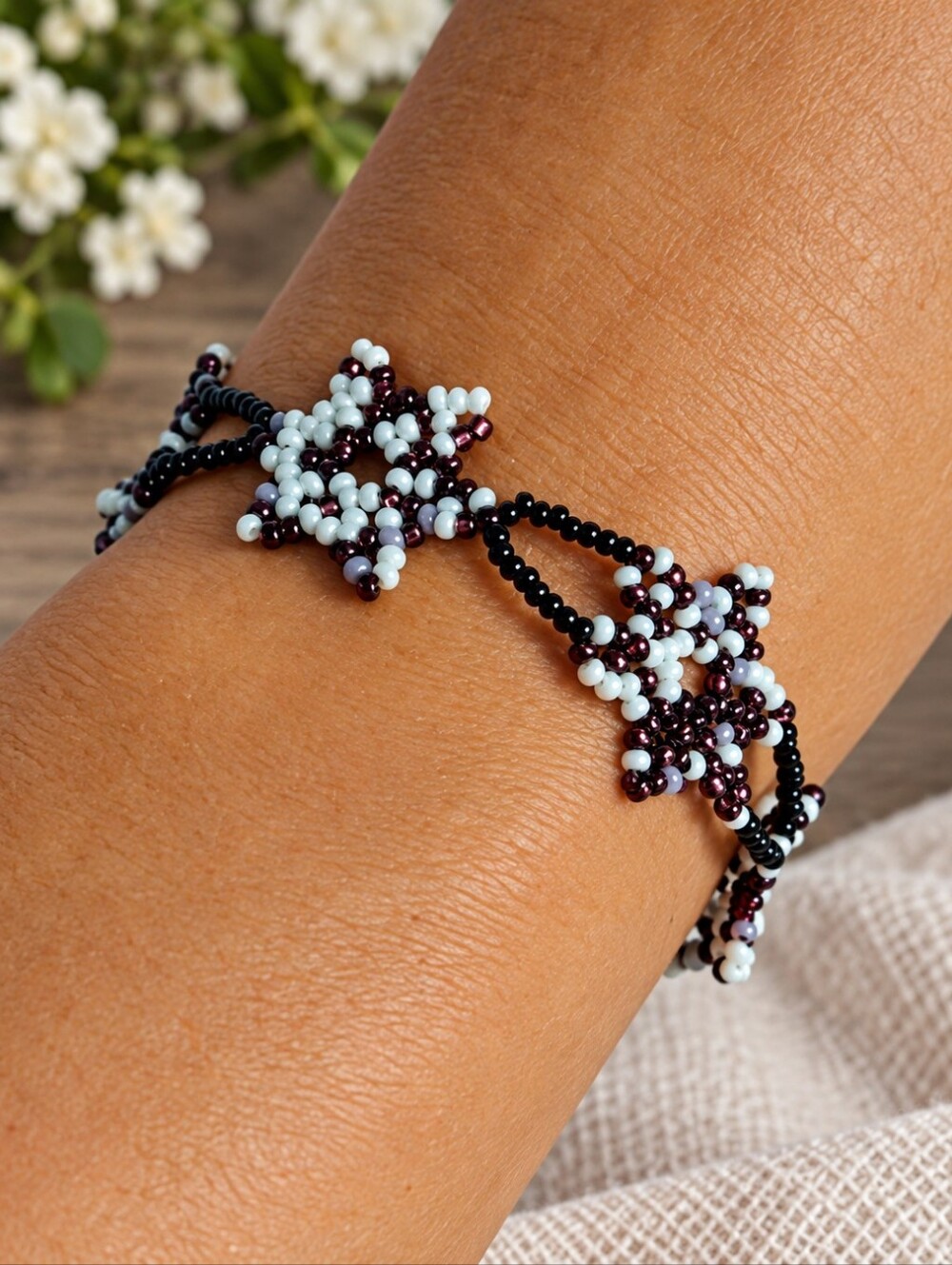 Floral star handcrafted layered beaded bracelet